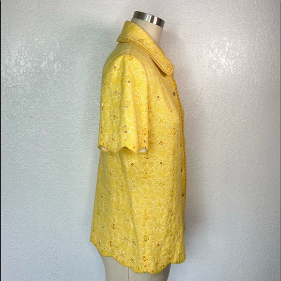 RARE Vintage 70s retro St. John yellow knit holographic daisy sweater top 6 - Picture 3 of 6